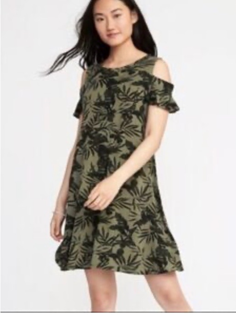 Old Navy Olive Green Cold-Shoulder Tropical Print Midi Dress